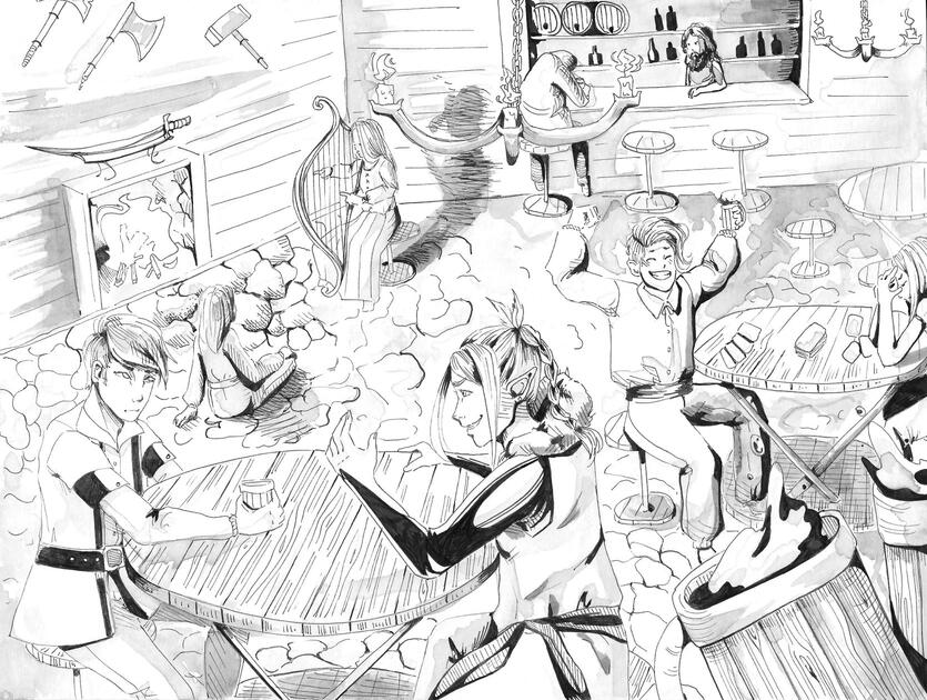 Life drawing project (assignment required minimum of 5 figures in one scene). Done with ink wash and ink pen, scanned.